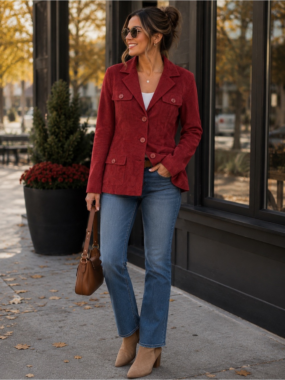 Denim&Co Deep Red Button-Front Blazer Jacket